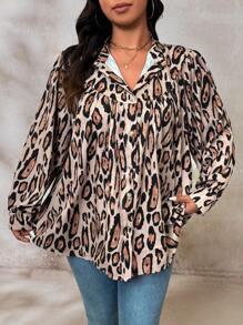 SHEIN LUNE Camisa informal de mujer de talla grande con mangas de globo y estampado de leopardo para verano - Multicolor - Ver 4