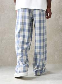 SUMWON Plaid Check Loose Fit Wide Leg Trousers Casual Street Style All-Season Pants With Side Pockets Classic Office Versatile Lightweight Loungewear Bottoms - Blue - View 4