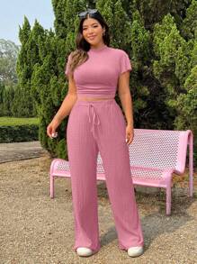 SHEIN EZwear Plus Size Textured Knit T-Shirt And Pants 2 Pieces Set With Drawstring, Casual