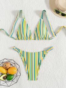 SHEIN Swim 2pcs/Set Women Sexy Striped Random Printed Bikini Top And Thong Bottoms, Beach Outfit For Summer Beach Vacation