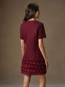 Anewsta Women's Red Round Neck Short Patchwork Rose Sequin Dress, Party Wear & New Year Eve Dress - Burgundy - View 2