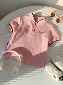 SHEIN 男婴舒适休闲百搭学院风珍珠面料 Polo 衫，短袖 T 恤，春夏季适合室内、户外、日常、运动、玩耍、派对、拍照、度假、节日 - 粉色 - 查看 5