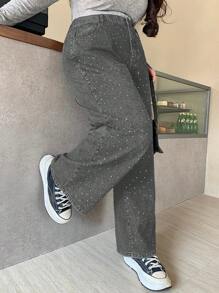 Dazy Plus Plus Size Loose Straight-Leg Long Design Rhinestone Denim Jeans, Suitable For All Seasons Sequin - Light Grey - View 4