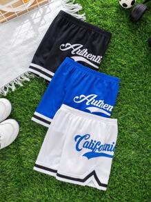 SHEIN 3 件装 男童休闲运动可爱字母印花撞色短裤，夏季 - 彩色 - 查看 5