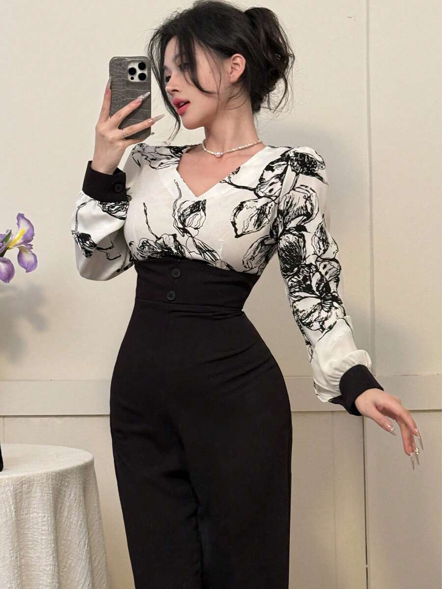 DAZY Mono con pierna ancha de rayon con estampado floral y contraste de color para mujer