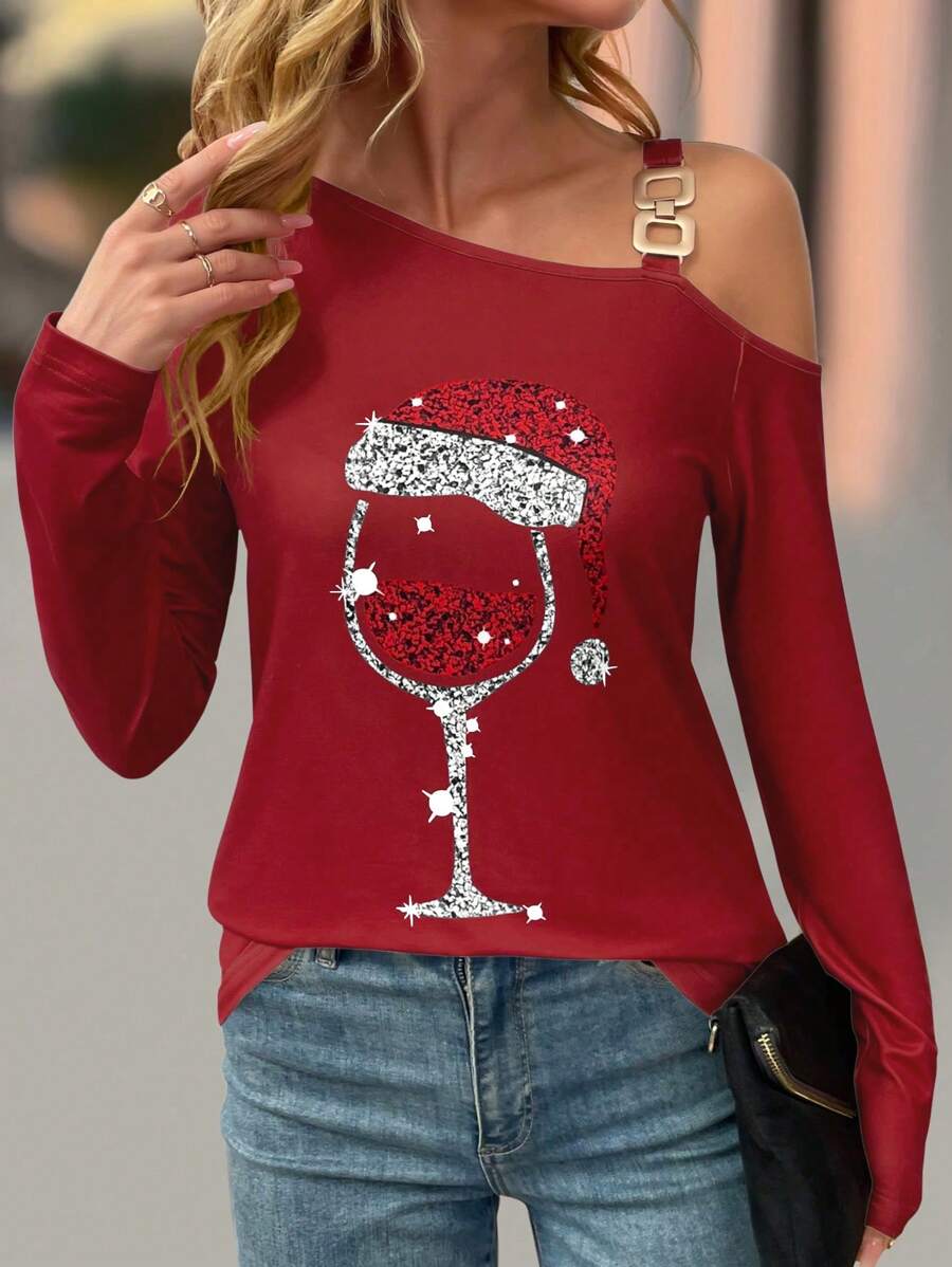 SHEIN LUNE 女式不对称领口长袖休闲T恤，圣诞酒杯印花，秋季图案T恤，女式春季上衣