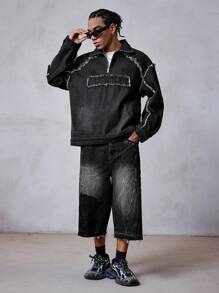 ROMWE MEN Street Life Men's Embroidered Loose Fit Denim Jacket - Black - View 4