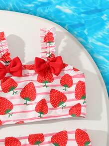 3 件装女婴蝴蝶结拼接格子沙滩装套装，配可爱格子帽 - 彩色 - 查看 5