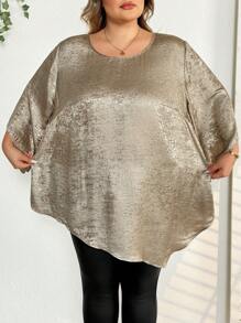 SHEIN CURVE+ Blusa elegante de mujer talla grande con cuello redondo, mangas 3/4, diseño suelto y bajo asimétrico en color metálico sólido, atuendos térmicos de invierno, ropa de mujer para Navidad, vestido de manga larga, vestido de mujer para Navidad, minifalda dorada, falda dorada, vestido de Acción de Gracias, vestido para Nochevieja, ropa de fiesta