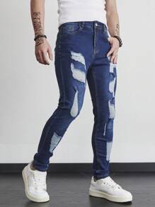 Manfinity LEGND Men's Pocket Distressed Skinny Casual Jeans - Dark Wash - View 3