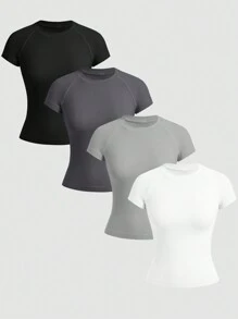 Gameset SHEIN Sport 4 件无缝运动 T 恤，休闲时尚，适合日常穿着，修身衬衫，健身房女式衬衫 - 彩色 - 查看 1