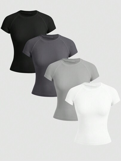 Gameset SHEIN Sport 4 PCS Seamless Sport T-Shirt, Casual & Fashionable For Daily Wear Fitted Shirt Gym Women Shirts