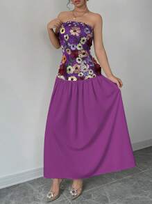 Elenzga Đầm Maxi Ống In Hoa Cho Nữ Trang Phục Nữ - Màu tím - Xem 7