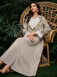Al Najma 女式花卉印花翻领长袖阿拉伯休闲连衣裙，端庄 - 黃色 - 查看 5