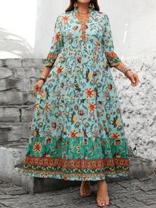 SHEIN LUNE 大码女式夏季定位花卉图案中袖长裙，西方女装，波西米亚风，嬉皮士风，女牛仔装，波西米亚风，节日，圣帕特里克节 - 彩色 - 查看 6