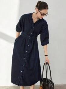 Dazy-Less 商务休闲办公装 A 字型女式牛仔连衣裙，收腰，腰线复古风格 - 深色水洗藍 - 查看 6