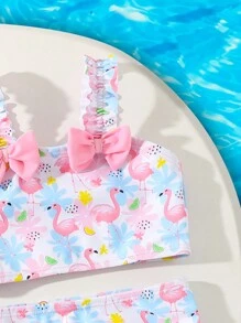 3 件装女婴蝴蝶结拼布格子沙滩套装，配可爱格子帽 - 彩色 - 查看 3