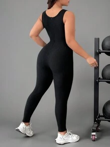 SHEIN CURVE+ Combinaison femme grande taille d'été à col carré de couleur unie - Noir - Voir 2