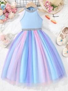 Tween Girls Rainbow Halter Dress, Princess Light Formal Dress For Summer - Baby Blue - View 8