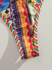 Swim Vcay Women's Elegant Boho Floral Retro Print Shiny Satin Fabric Halter Triangle Bikini Set, 2026 Glitter Sequined Trim Multi-Color Figure-Flattering High Cut Cheeky Two Pieces Swimwear With Braided Straps, Casual Bohemian Sparkle Texture Bikini For Summer Vacation Resort Wear, Holiday Outfits Pool Party Shimmery Boho Beachwear For Women - Multicolor - View 4