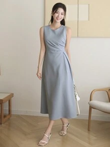 DAZY Sleeveless Solid Color Pleated Mid-Length Dress For Women Sundress Maxi Dress - Blue - View 9