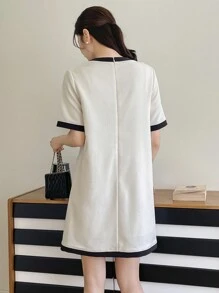 DAZY Color Block Round Neck Women's Casual Short Sleeve Mini Dress Sundress - Beige - View 2
