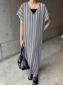FRIFUL Dames gestreepte losse V-hals vleermuismouwen korte mouwen casual midi-jurk zomerjurk