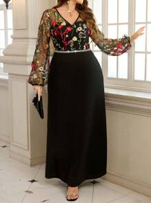 Gownix Spring Women Embroidered Mesh Patchwork Long Black Fishtail Dress, Elegant, Party And Daily Wear, Plus Size Dresses Elegant Dresses Romantic Dresses Women Summer Dresses Women Summer Dresses Elegant Women Dresses Women Spring Dresses