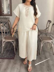 SHEIN LUNE Plus Size Chillax Mother's Day Cozy Fit Women Military Green-Color Casual Decorative Collar Summer Western Wear Women Boho Bohemian 90s Clothes Festival Modesty Clothes Women Outfits Western Wear Women Cowgirl Outfit Boho Bohemian Country Summer Boho Old Money Summer Outfits For Women Rave Outfits Festival Outfits Slouchy Casual Style Bohemian 2pcs/Set - Beige - View 1