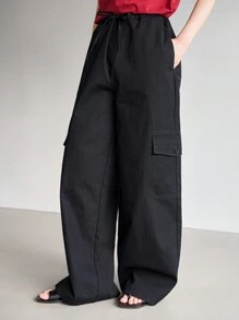 DAZY 女士宽松工装风格直腿口袋休闲裤 - 黑色 - 查看 6