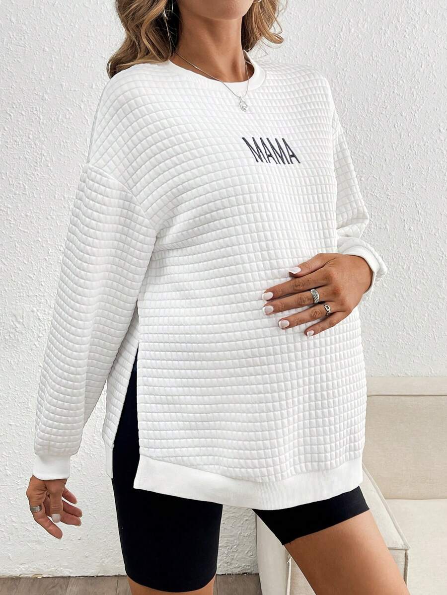 SHEIN 孕妇休闲秋冬运动衫,带字母刺绣和侧开衩 - 白色 - 查看 1