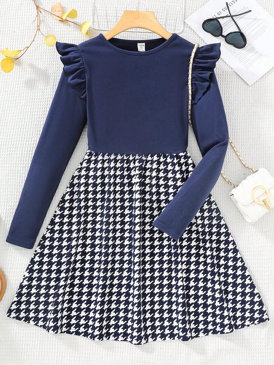 SHEIN 优雅复古女孩连衣裙，荷叶边袖，千鸟格，A 字格子拼接，适合春季、夏季、秋季、冬季、圣诞节、感恩节