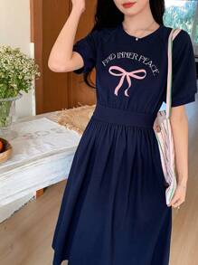 DAZY 字母蝴蝶结印花束腰中长款女士连衣裙太阳裙，休闲女士连衣裙 - 藏蓝色 - 查看 4