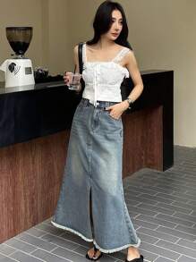 DAZY 西部风格牛仔女裙，毛边裙摆，开衩设计 - 中等水洗藍 - 查看 7