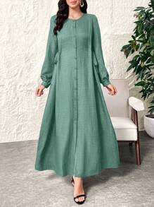 Al Najma 女式圆领长袖单排扣侧结阿拉伯风格连衣裙，端庄 - 綠色 - 查看 6
