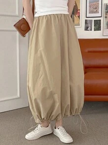 DAZY 女士纯色松紧腰收褶下摆半身裙，卡其色，四季皆宜 - 卡其色 - 查看 3