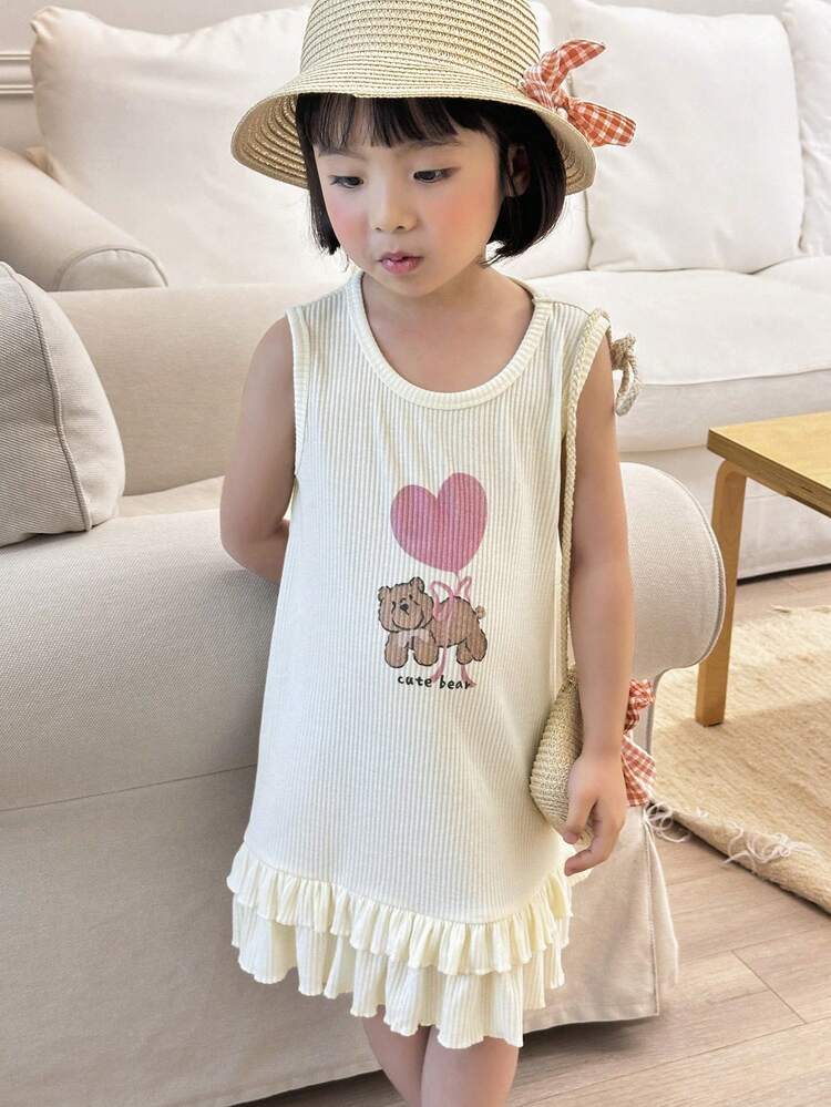 Young Girls Letter Cartoon Bear Print Crew Neck Sleeveless Casual Dress,Girls Summer Outfits