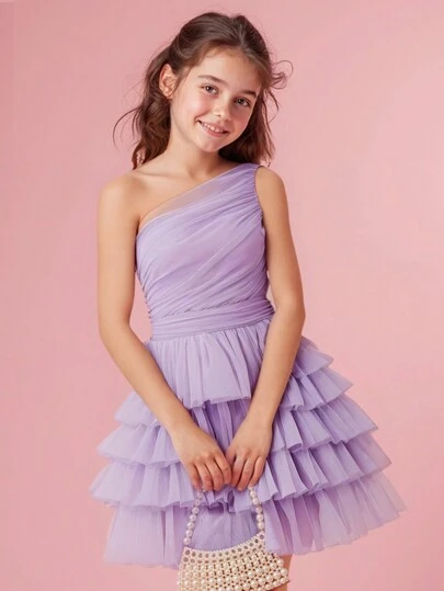 Pitira Pitira Fern Glow  Tween Girls Cute Purple Mesh Ruffle Trim Sleeveless Summer Sundress Graduation Dress