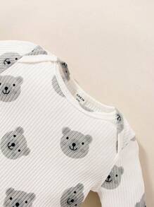 SHEIN New Born Baby Cartoon Bear Pattern Long Sleeve Bodysuit And Pants Set - Navy Blue - View 5