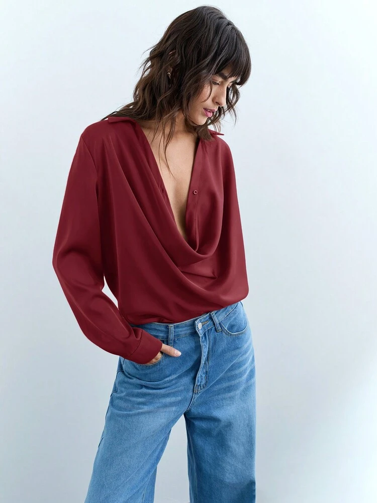 SHEIN Maija Blusa elegante e casual da donna in raso rosso con scollo drappeggiato e bottoni davanti, manica lunga, adatta per l'inizio della primavera e l'estate, per uscire