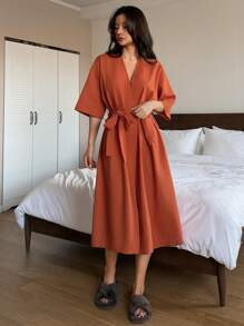 DAZY Minimalist Half Sleeve Wrap Robe, Casual And Fashionable For Everyday Wear Pajama - Rust Brown - View 8