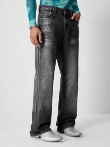 ROMWE MEN Street Life Jeans casuales rectos con bolsillo, botón y cremallera de unicolor para hombre - Celeste - Ver 7