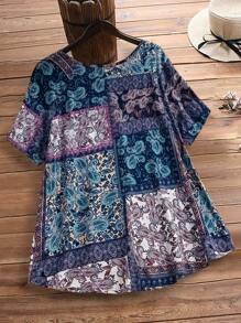 EMERY ROSE Blusa holgada de manga corta de talla grande, atuendos casuales y de moda sencilla para uso diario, atuendos de vacaciones, vestimenta occidental para mujer, atuendos country para mujer, atuendos country de primavera para mujer, atuendos de verano para mujer, ropa de estilo bohemio para mujer