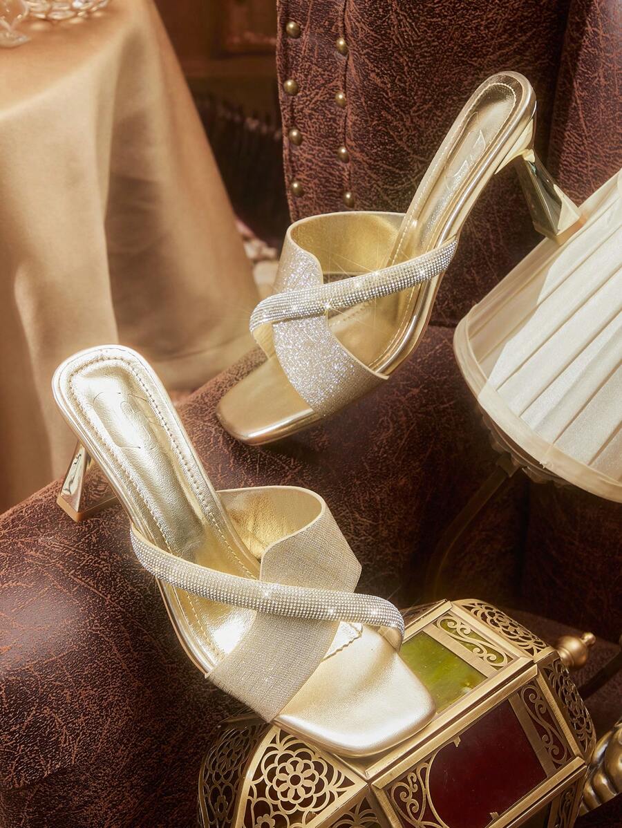 CUCCOO TILAWA Women Square Toe Fashionable High Heel Sandals For Casual And Daily Wear Spring Shoes Spring Break Easter - Gold - View 1