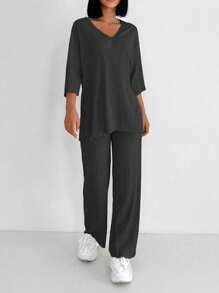 EURMUSE Women's Solid Color Ribbed Knit Two Piece Set - Black - View 5