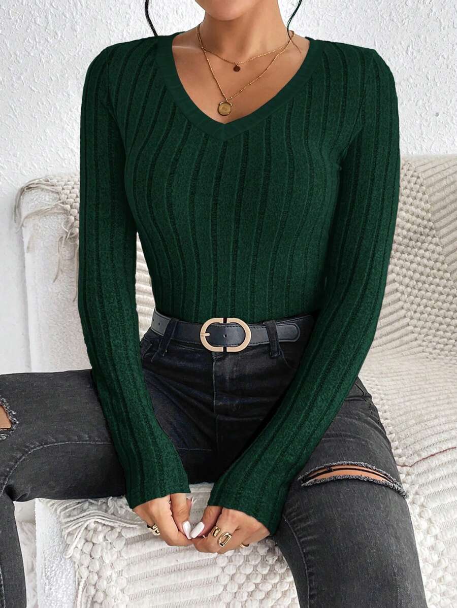 SHEIN Frenchy Casual Solid Color Slim Fit Long Sleeve T-Shirt, Spring/Autumn Winter Green Christmas - Dark Green - View 1