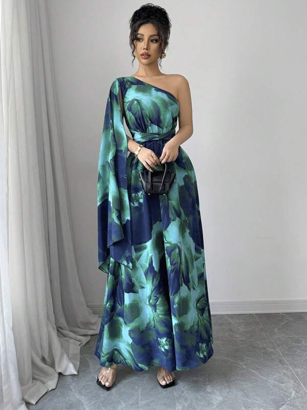 Elenzga Rochie subțire cu un singur umăr, imprimată aleatoriu, cu despărțire laterală, cu talie elegantă, pentru femei, stil de vacanță la modă