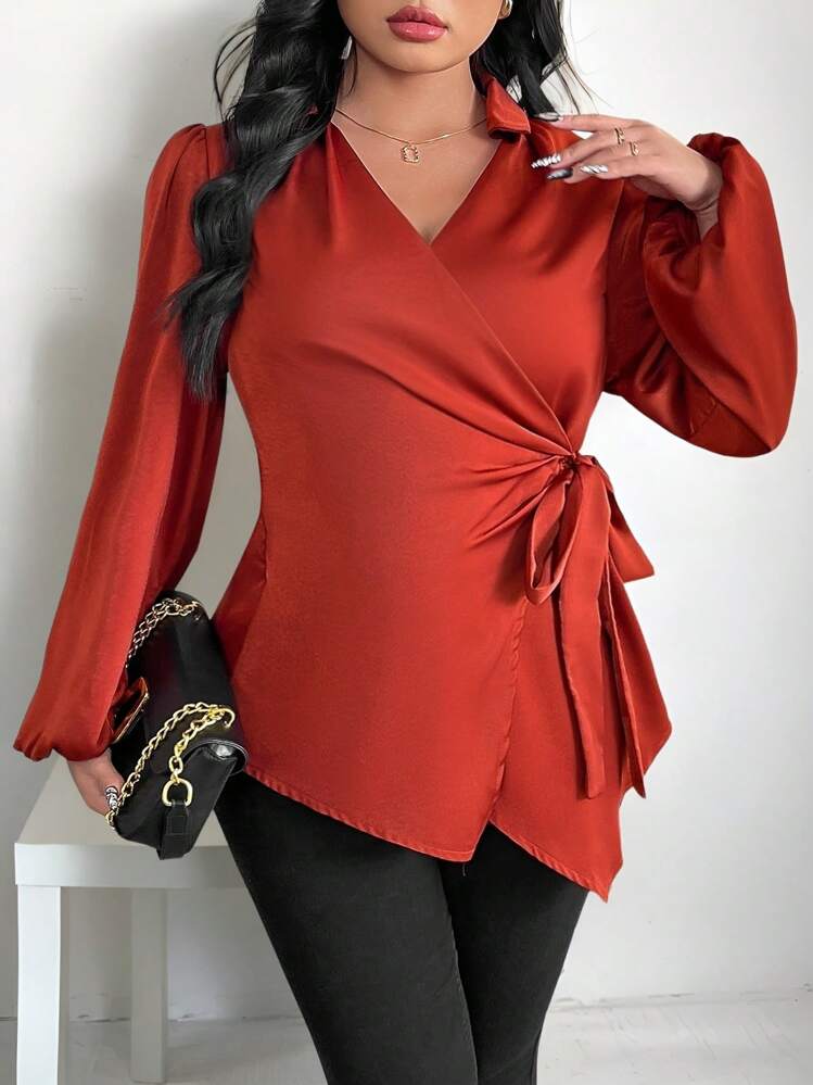 SHEIN Clasi Plus Size Women Solid Color Elegant Criss-Cross Cinched Waist Blouse, Suitable For New Year, Valentine's Day, Thanksgiving, Christmas, Easter, Prom, New Year's Eve, Christmas Party, Christmas, Holiday, Spring - Brown - View 4