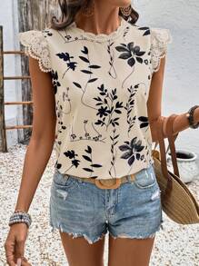 Breezaya Blusa recta de manga corta con cuello redondo, estampado geométrico de hojas y aplicaciones de encaje para mujer, para primavera/verano