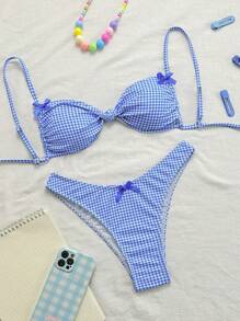 Swim Mod 女士可爱粉色和白色格子蝴蝶结比基尼套装，夏季